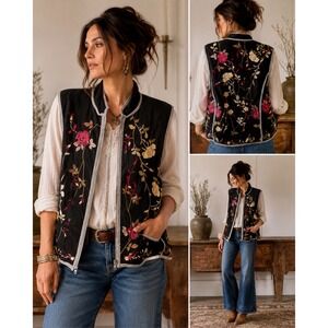 BIYA Johnny Was Embroidered Floral Vest M Boho Lagenlook Artsy Zip Jacket